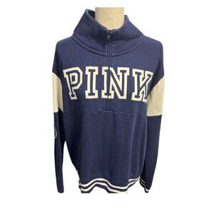Victorias Secret PINK Varsity Style Womens Large Blue Pullover Sweatshirt Zip